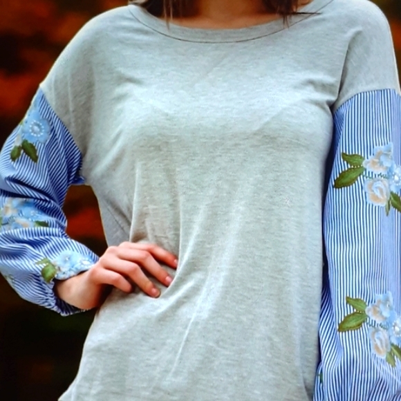 Les Amis Stripes Floral Embellishments Blouse - Picture 2 of 7